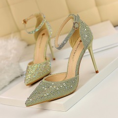 283-16--Stiletto high heel shallow mouth pointed hollow one-strap shiny rhinestone women's sandals