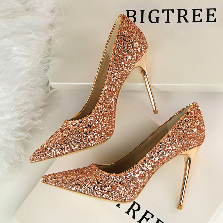 9219-1--Shallow heel pointed toe shining sequins sexy slim nightclub high heels single shoes