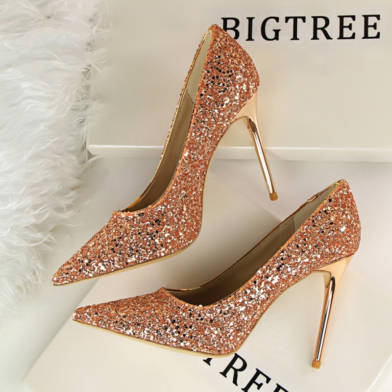 9219-1--Shallow heel pointed toe shining sequins sexy slim nightclub high heels single shoes
