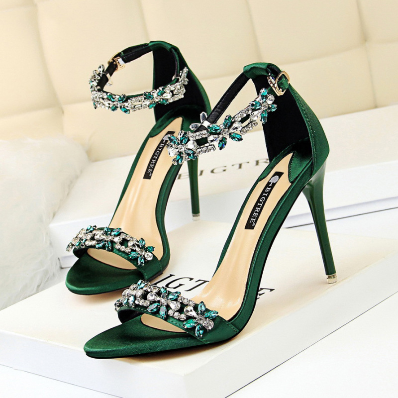 368-1--Sexy party high heels for women, stiletto satin open toe rhinestone one-strap sandals