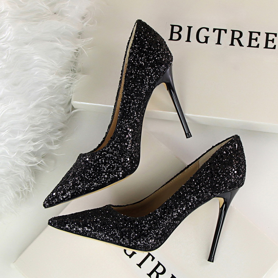 9219-1--Shallow heel pointed toe shining sequins sexy slim nightclub high heels single shoes