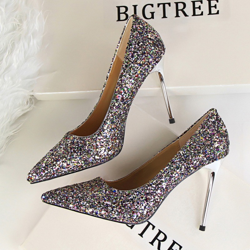 9219-1--Shallow heel pointed toe shining sequins sexy slim nightclub high heels single shoes