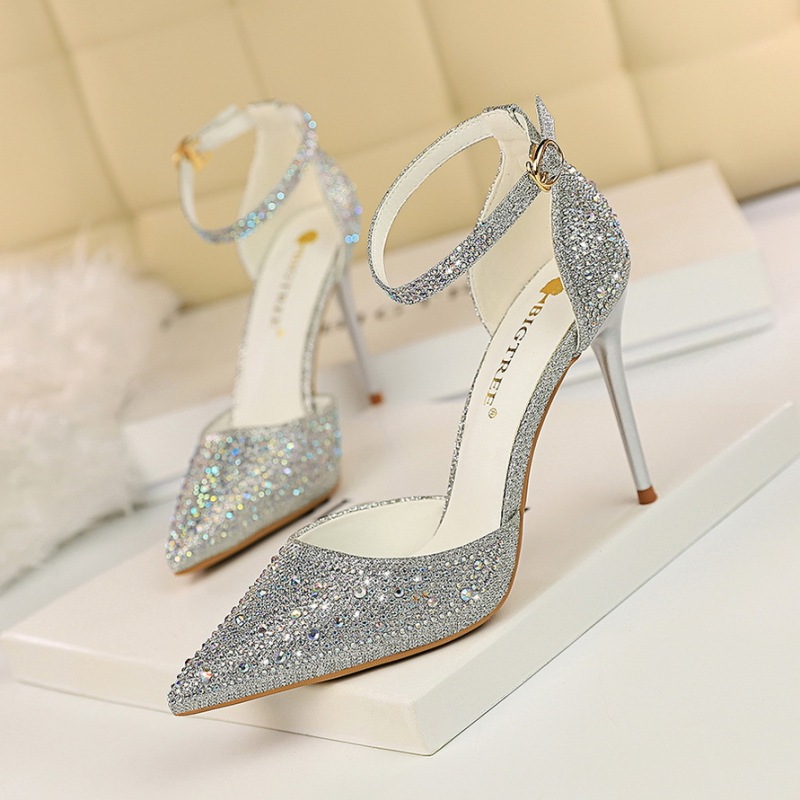 283-16--Stiletto high heel shallow mouth pointed hollow one-strap shiny rhinestone women's sandals