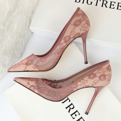 1853-1--Sexy slim high heels, stiletto heels, shallow pointed toe mesh hollow lace shoes