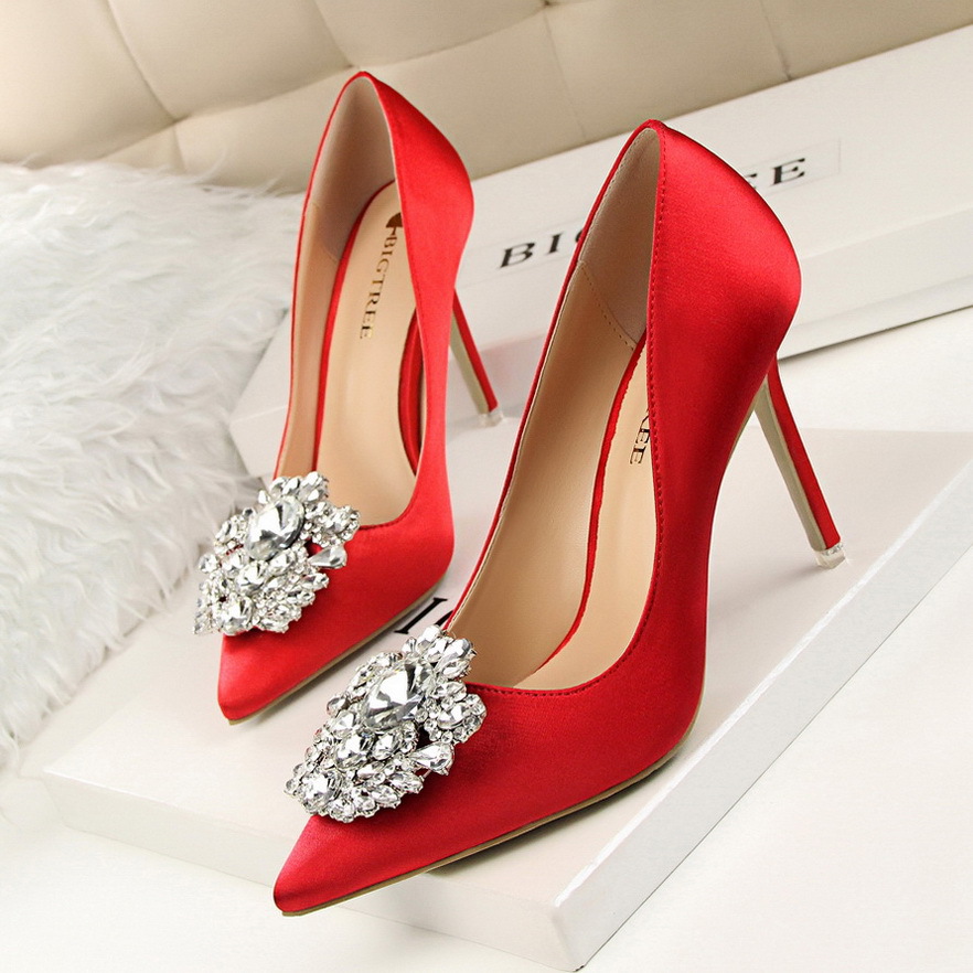 516-5--Rhinestone women's shoes with stilettos, sexy and slim, shallow pointed toe buckle shoes