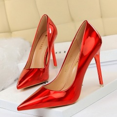 1829-2--Metal heel shiny patent leather shallow mouth pointed sexy nightclub slim high heel single shoes