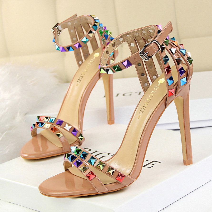 267-2--High-heeled open-toe one-strap hollow colorful rivet sandals
