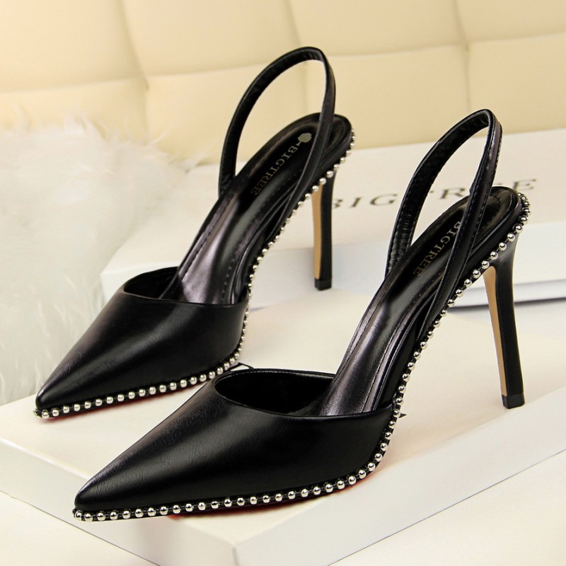 313-2--Suede shallow hollow back strap rivet pointed sandals