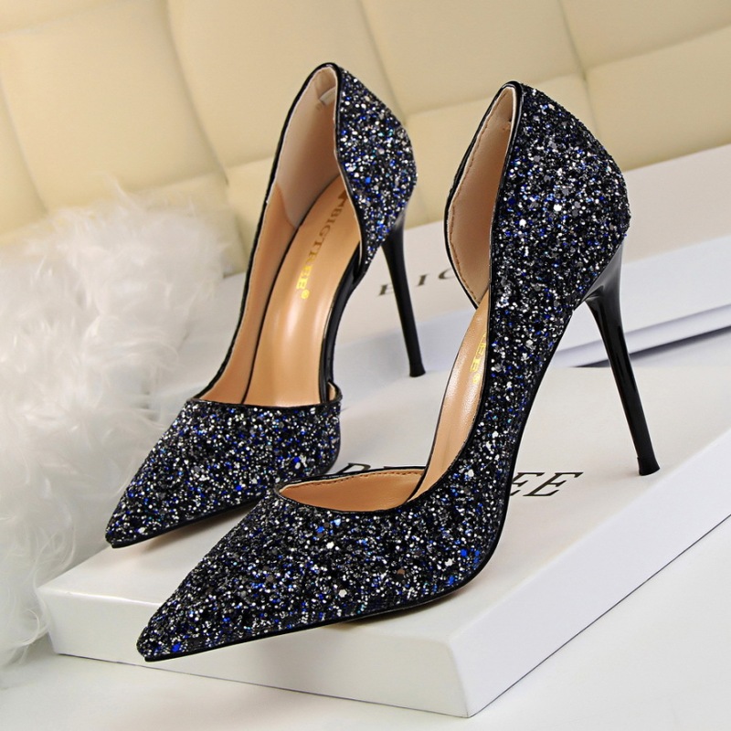868-8--Slimming women's shoes with high heels, shallow mouth, pointed toe, hollow sequined single shoes