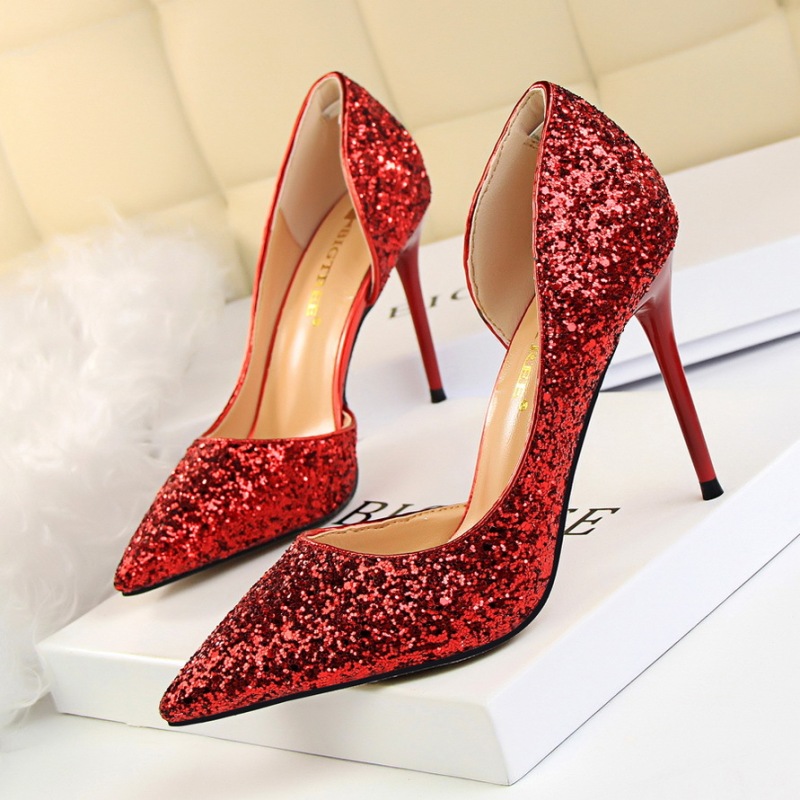 868-8--Slimming women's shoes with high heels, shallow mouth, pointed toe, hollow sequined single shoes