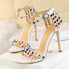267-2--High-heeled open-toe one-strap hollow colorful rivet sandals