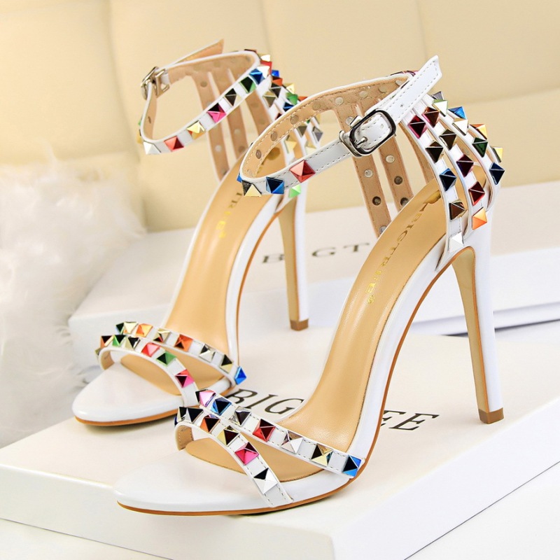 267-2--High-heeled open-toe one-strap hollow colorful rivet sandals