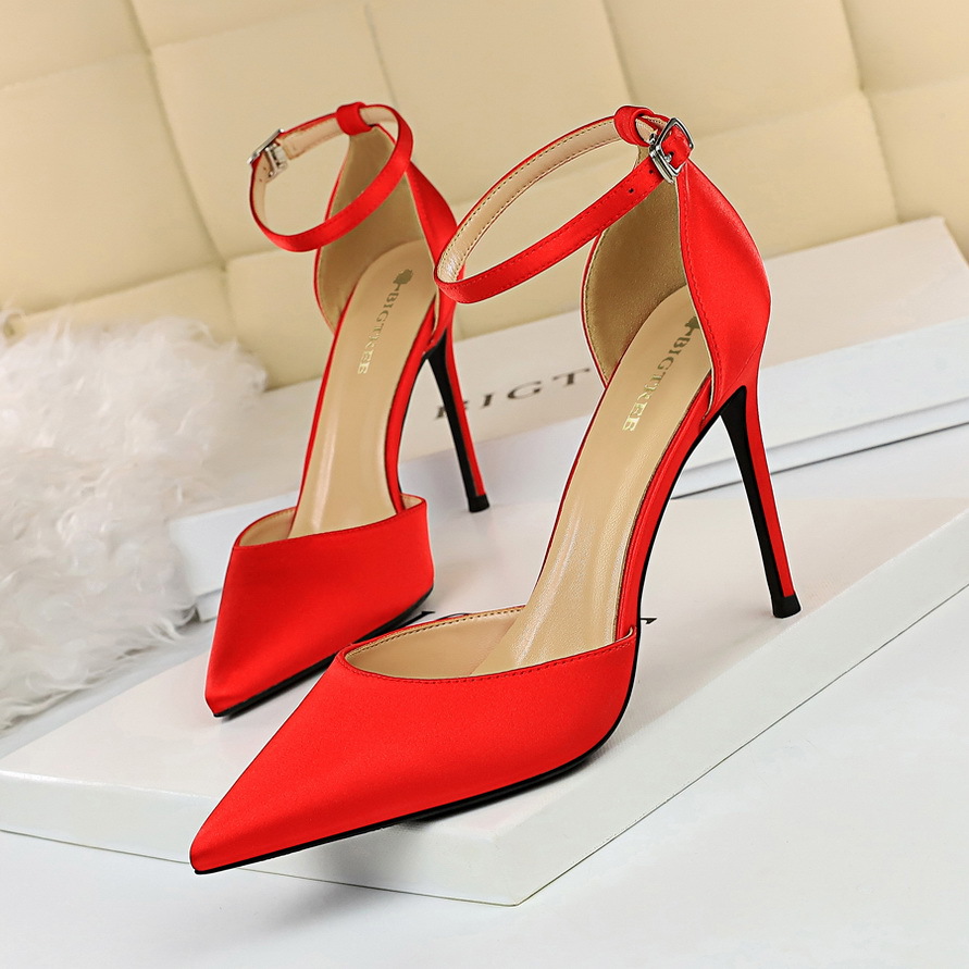 9863-5--Satin shallow mouth pointed hollow hollow sexy nightclub slim one-strap sandals
