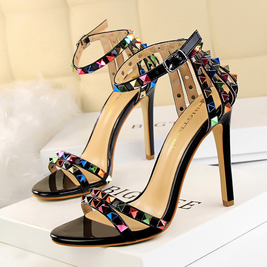 267-2--High-heeled open-toe one-strap hollow colorful rivet sandals