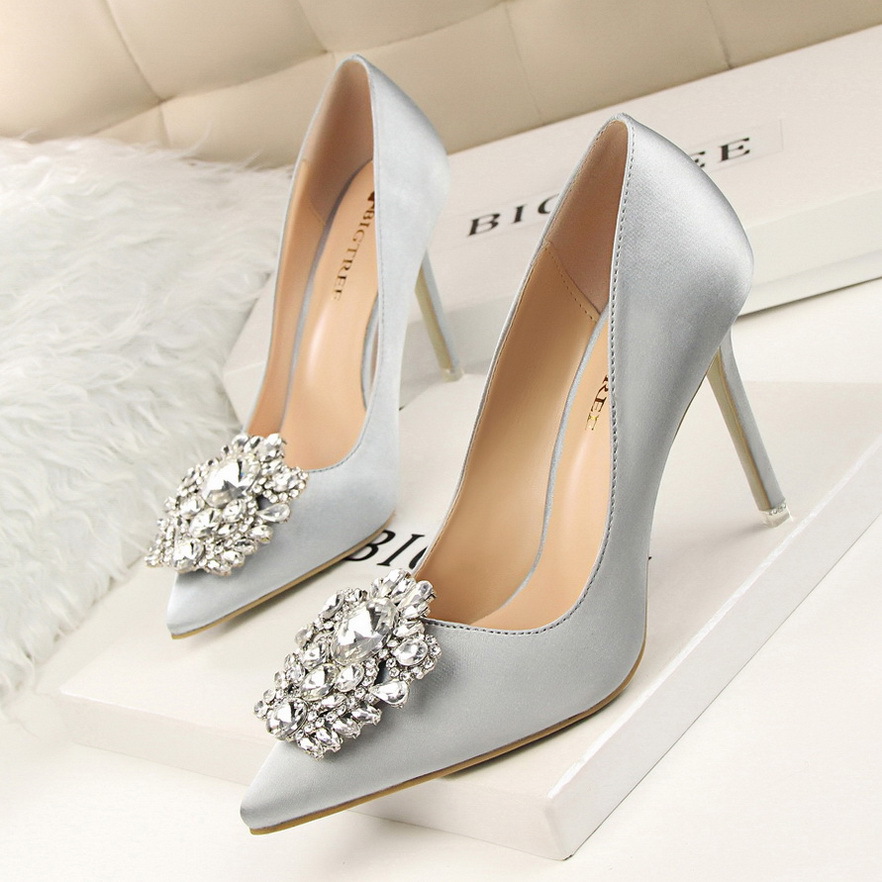 516-5--Rhinestone women's shoes with stilettos, sexy and slim, shallow pointed toe buckle shoes