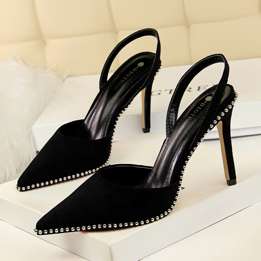313-2--Suede shallow hollow back strap rivet pointed sandals