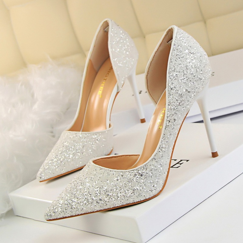 868-8--Slimming women's shoes with high heels, shallow mouth, pointed toe, hollow sequined single shoes