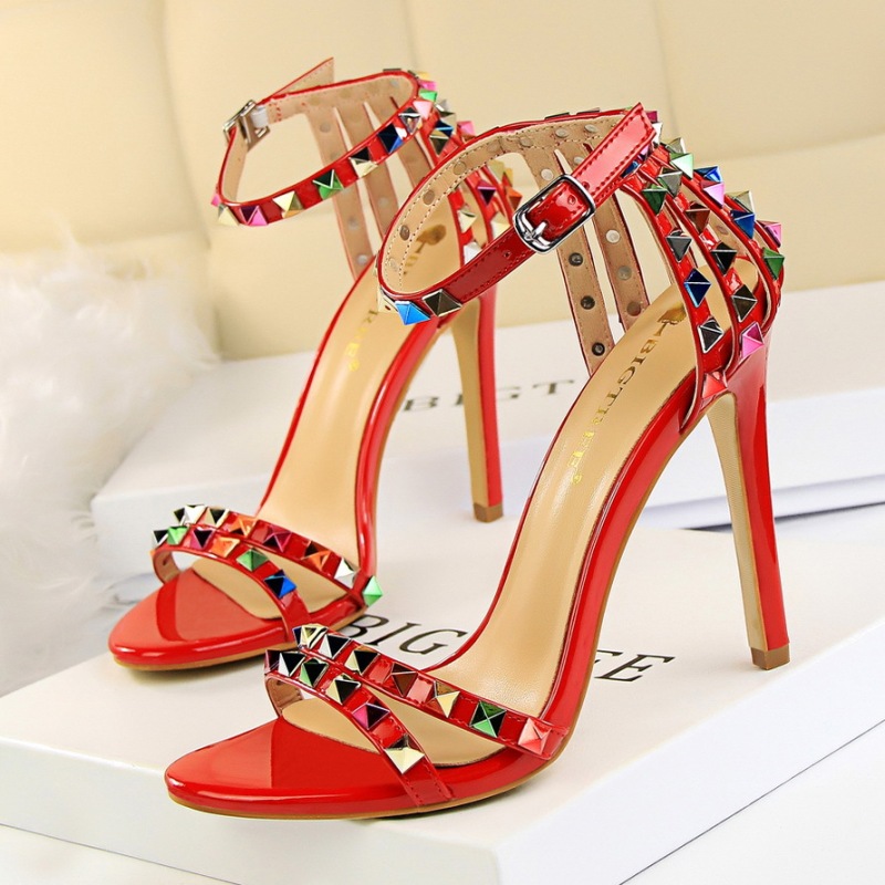 267-2--High-heeled open-toe one-strap hollow colorful rivet sandals