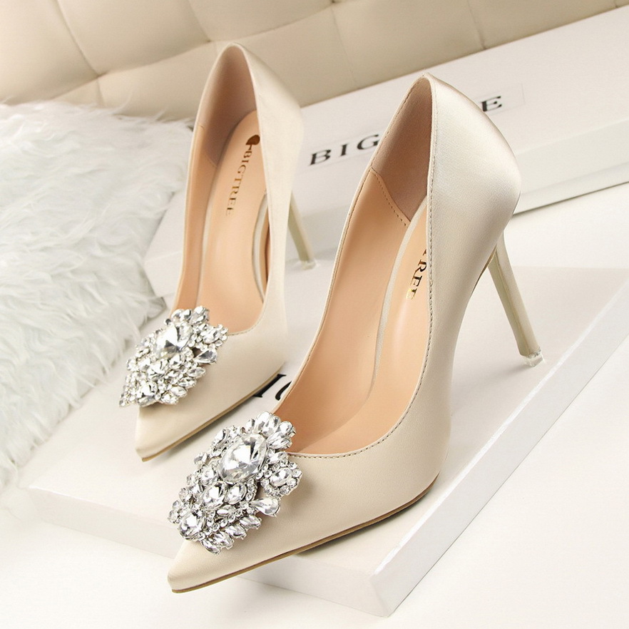 516-5--Rhinestone women's shoes with stilettos, sexy and slim, shallow pointed toe buckle shoes