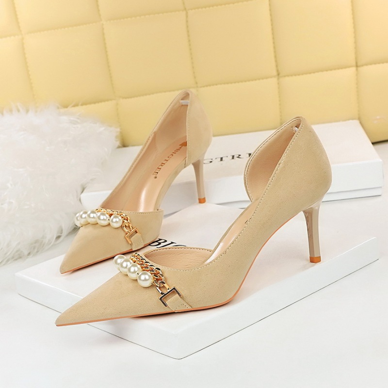 8829-2--Party slim suede shallow mouth pointed pearl metal chain side hollow single shoes