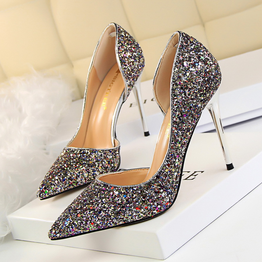 868-8--Slimming women's shoes with high heels, shallow mouth, pointed toe, hollow sequined single shoes