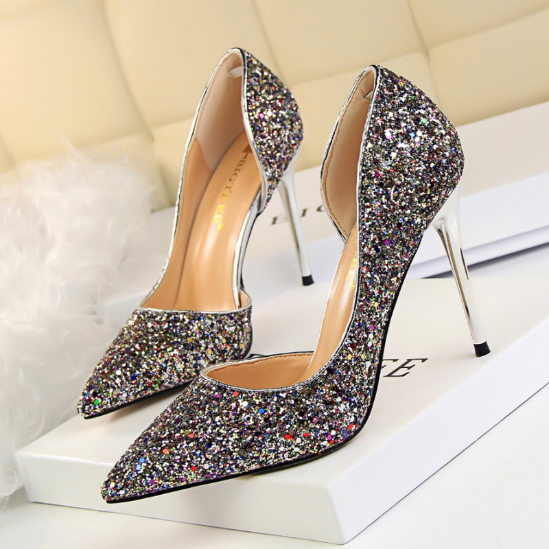 868-8--Slimming women's shoes with high heels, shallow mouth, pointed toe, hollow sequined single shoes