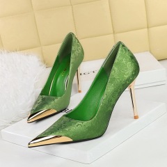 9318-10--Silk stiletto shallow metal pointed satin banquet high-heeled shoes