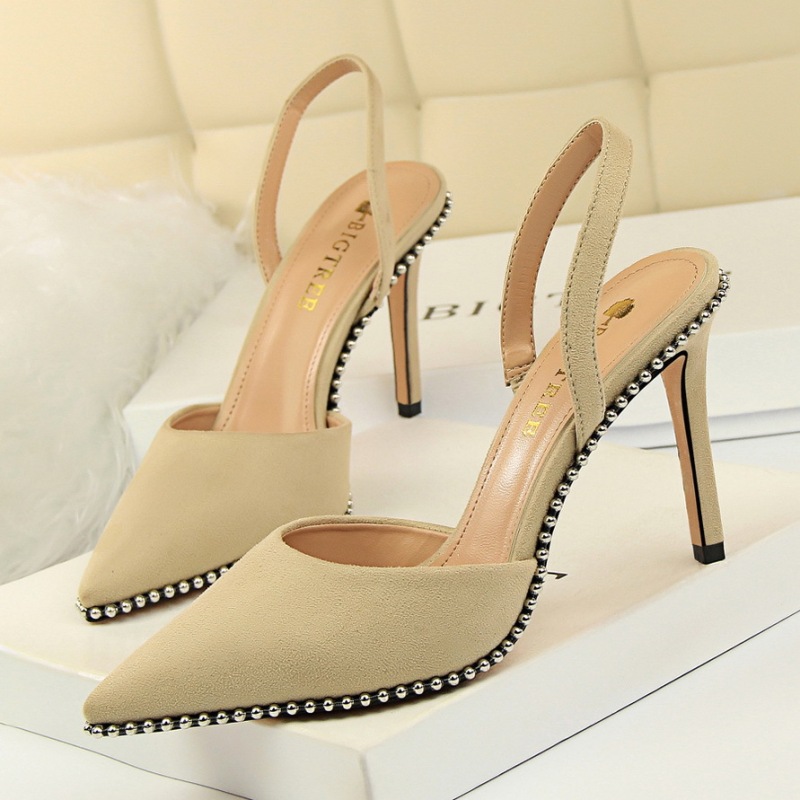 313-2--Suede shallow hollow back strap rivet pointed sandals