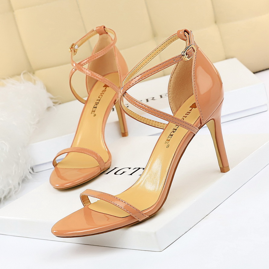 126-7--Stiletto open-toe patent leather cross-strap sexy nightclub sandals