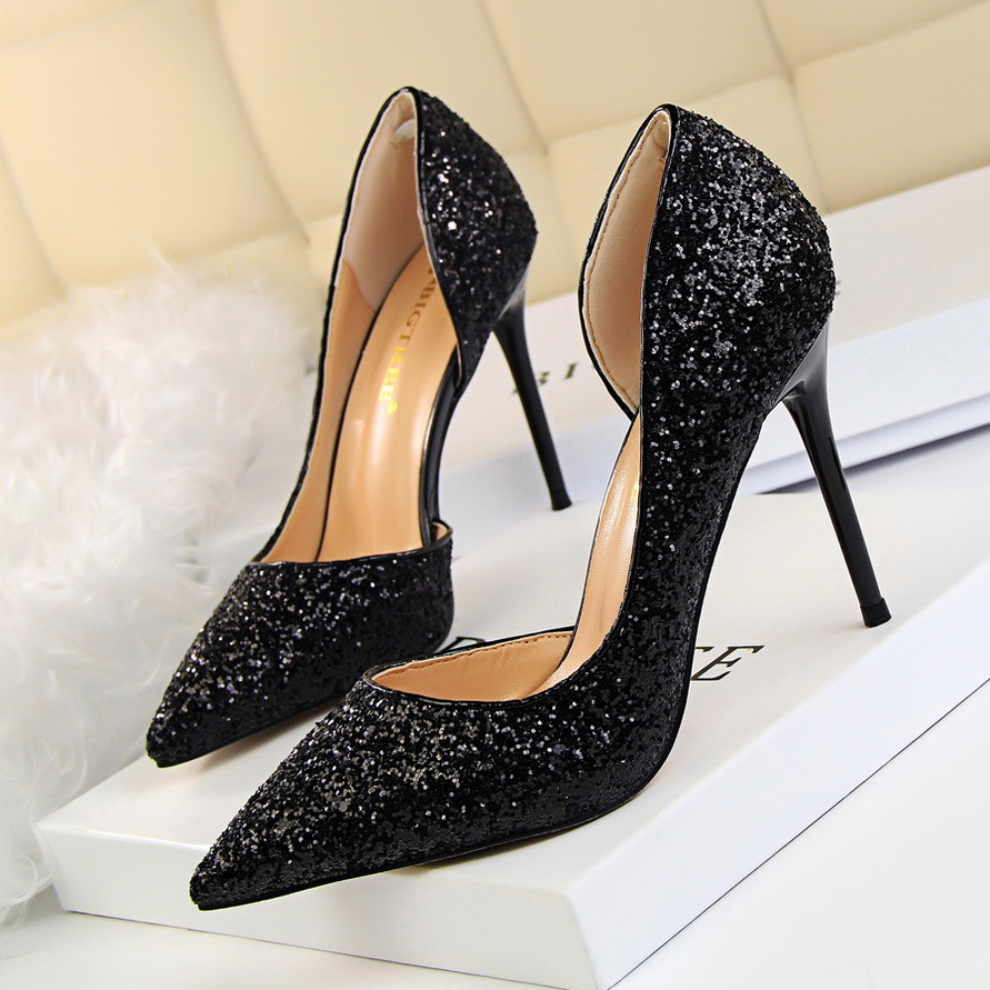 868-8--Slimming women's shoes with high heels, shallow mouth, pointed toe, hollow sequined single shoes