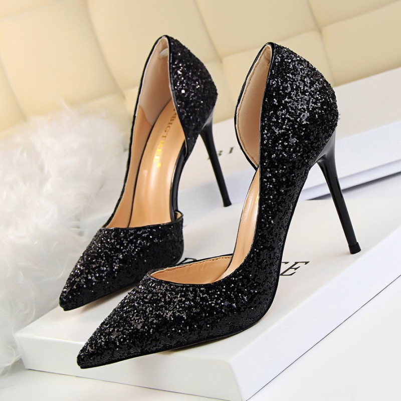 868-8--Slimming women's shoes with high heels, shallow mouth, pointed toe, hollow sequined single shoes