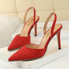 313-2--Suede shallow hollow back strap rivet pointed sandals
