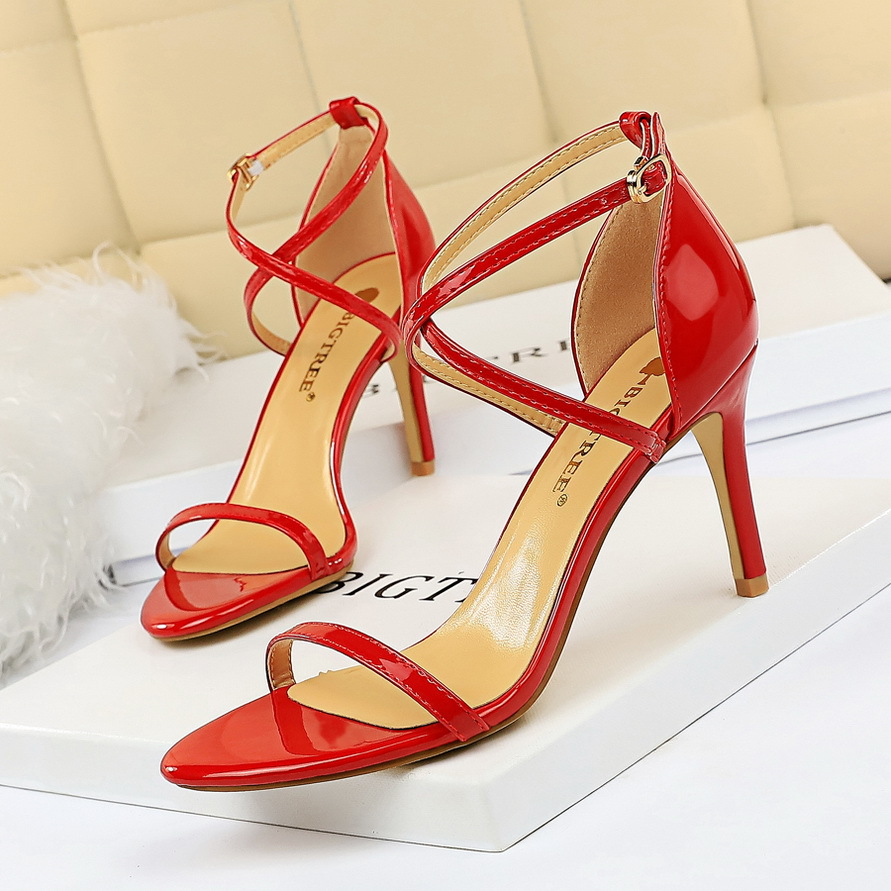 126-7--Stiletto open-toe patent leather cross-strap sexy nightclub sandals