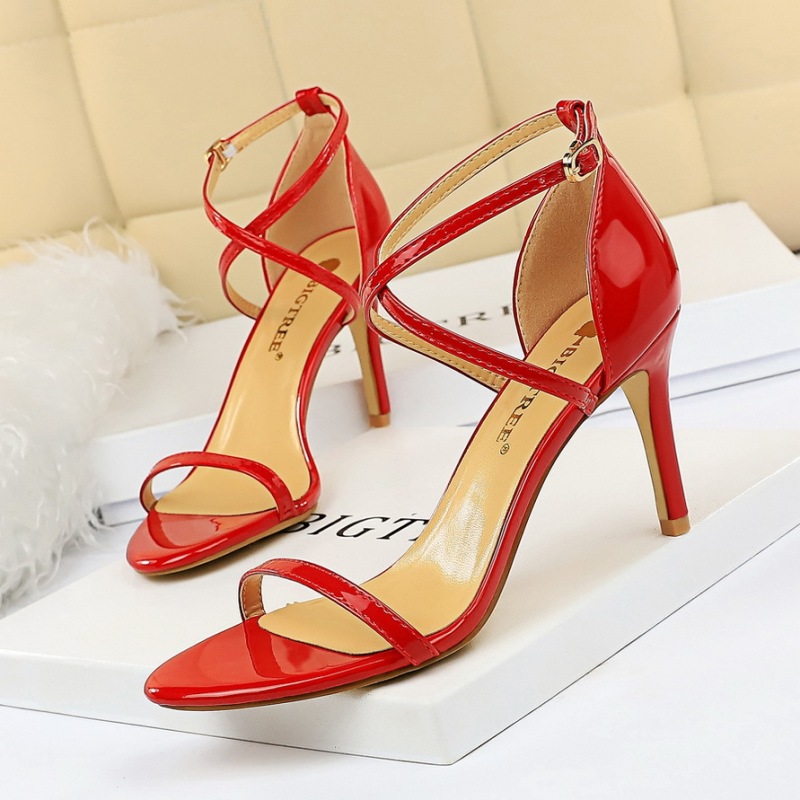 126-7--Stiletto open-toe patent leather cross-strap sexy nightclub sandals