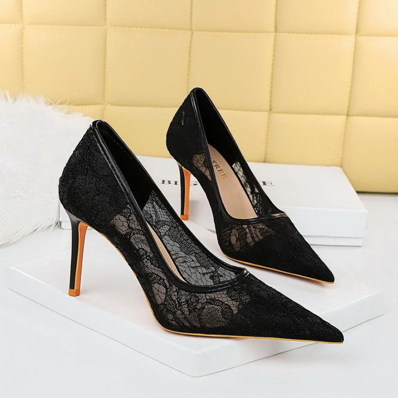 1963-1--Shallow pointed toe stiletto high heel mesh hollow lace single shoes