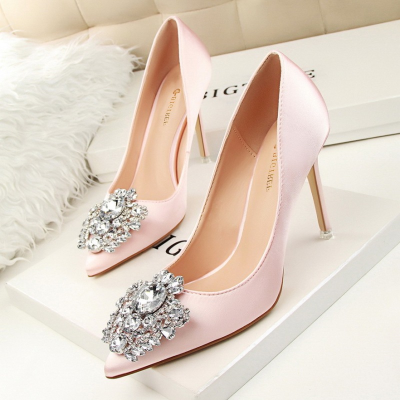516-5--Rhinestone women's shoes with stilettos, sexy and slim, shallow pointed toe buckle shoes