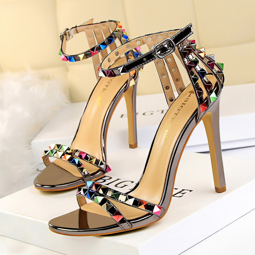 267-2--High-heeled open-toe one-strap hollow colorful rivet sandals