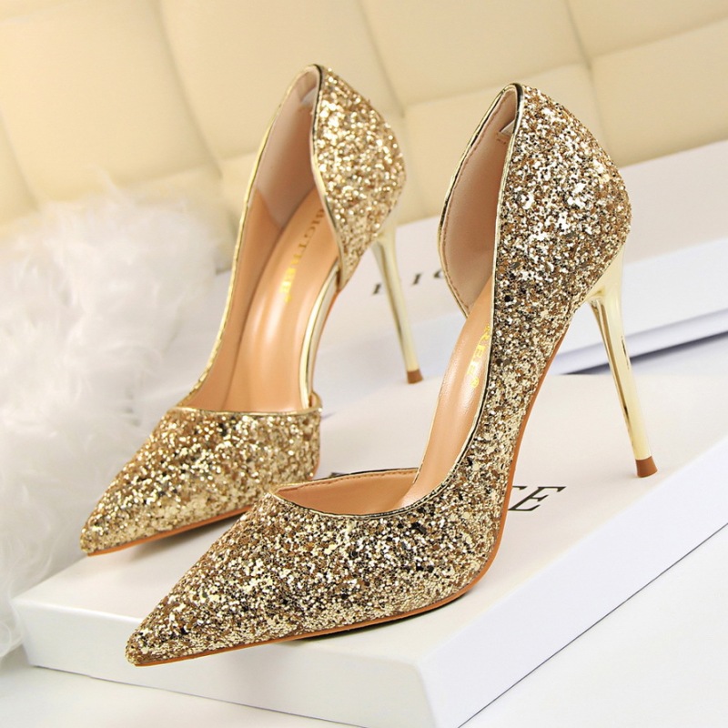 868-8--Slimming women's shoes with high heels, shallow mouth, pointed toe, hollow sequined single shoes