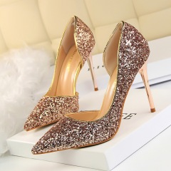 868-8--Slimming women's shoes with high heels, shallow mouth, pointed toe, hollow sequined single shoes