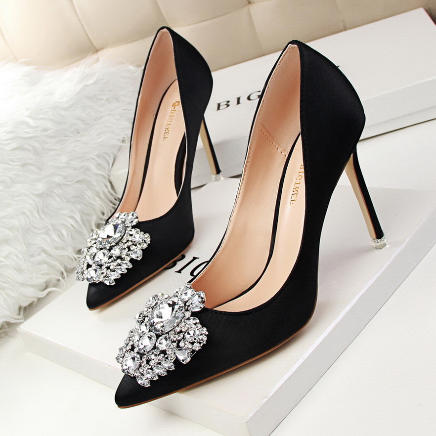 516-5--Rhinestone women's shoes with stilettos, sexy and slim, shallow pointed toe buckle shoes