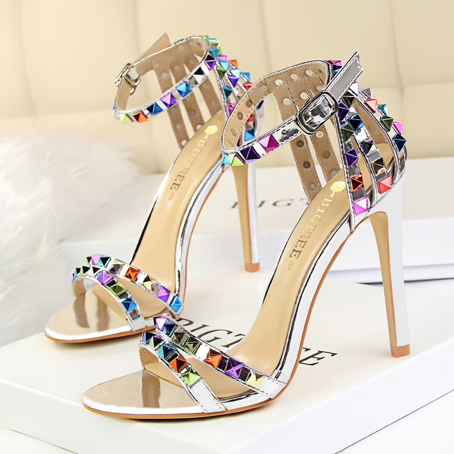 267-2--High-heeled open-toe one-strap hollow colorful rivet sandals