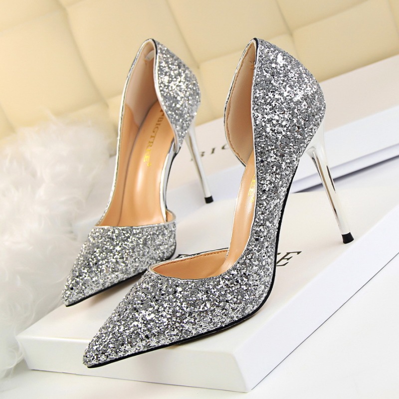 868-8--Slimming women's shoes with high heels, shallow mouth, pointed toe, hollow sequined single shoes