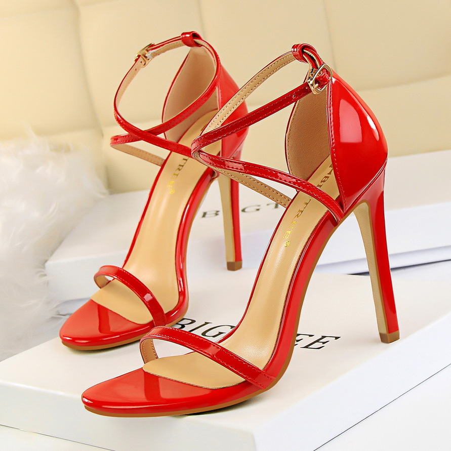 126-7--Stiletto open-toe patent leather cross-strap sexy nightclub sandals