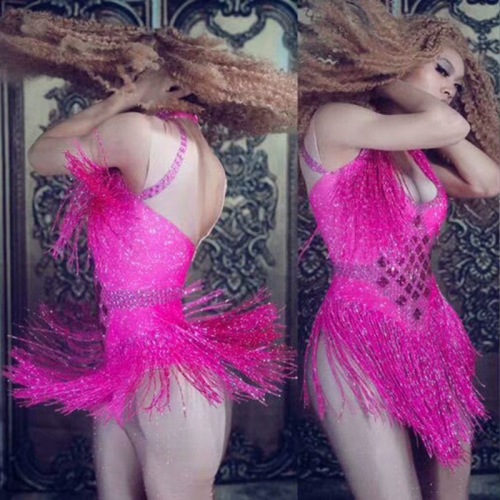 FK--Sexy stage performance costume bar high collar diamond tassel stretch jumpsuit