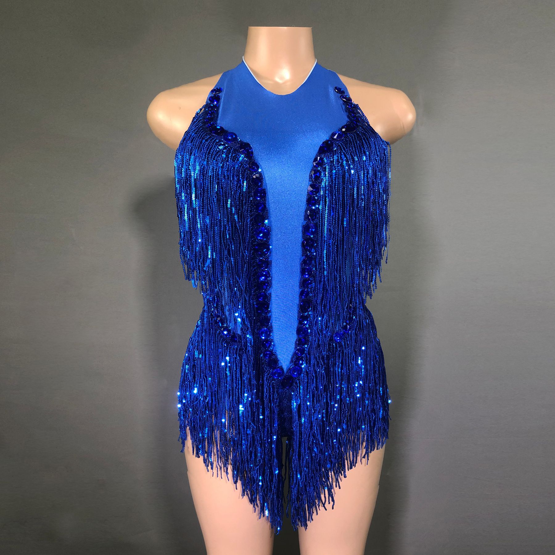 SY--New dance sexy shiny rhinestone elastic sequin tassel jumpsuit stage performance costume