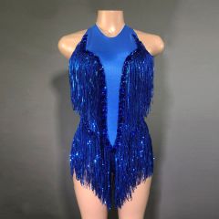 SY--New dance sexy shiny rhinestone elastic sequin tassel jumpsuit stage performance costume