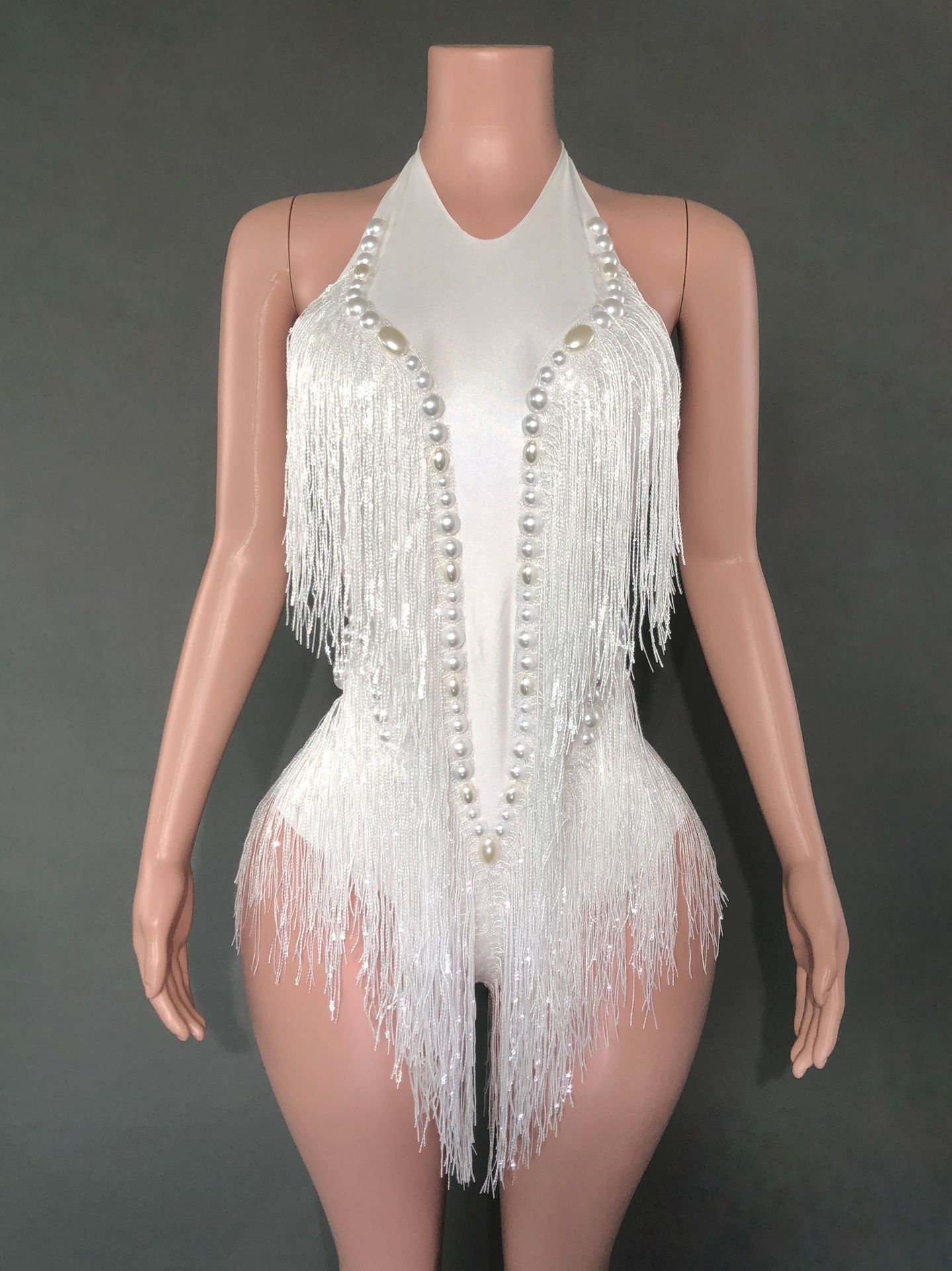 SY--New dance sexy shiny rhinestone elastic sequin tassel jumpsuit stage performance costume