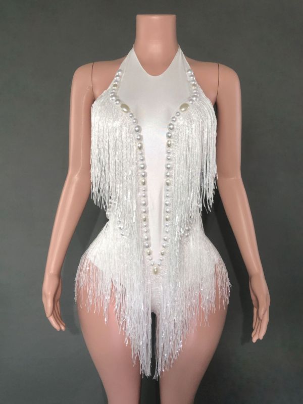 SY--New dance sexy shiny rhinestone elastic sequin tassel jumpsuit stage performance costume