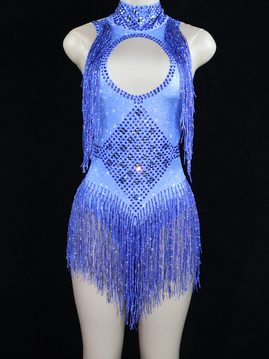 FK--Sexy stage performance costume bar high collar diamond tassel stretch jumpsuit