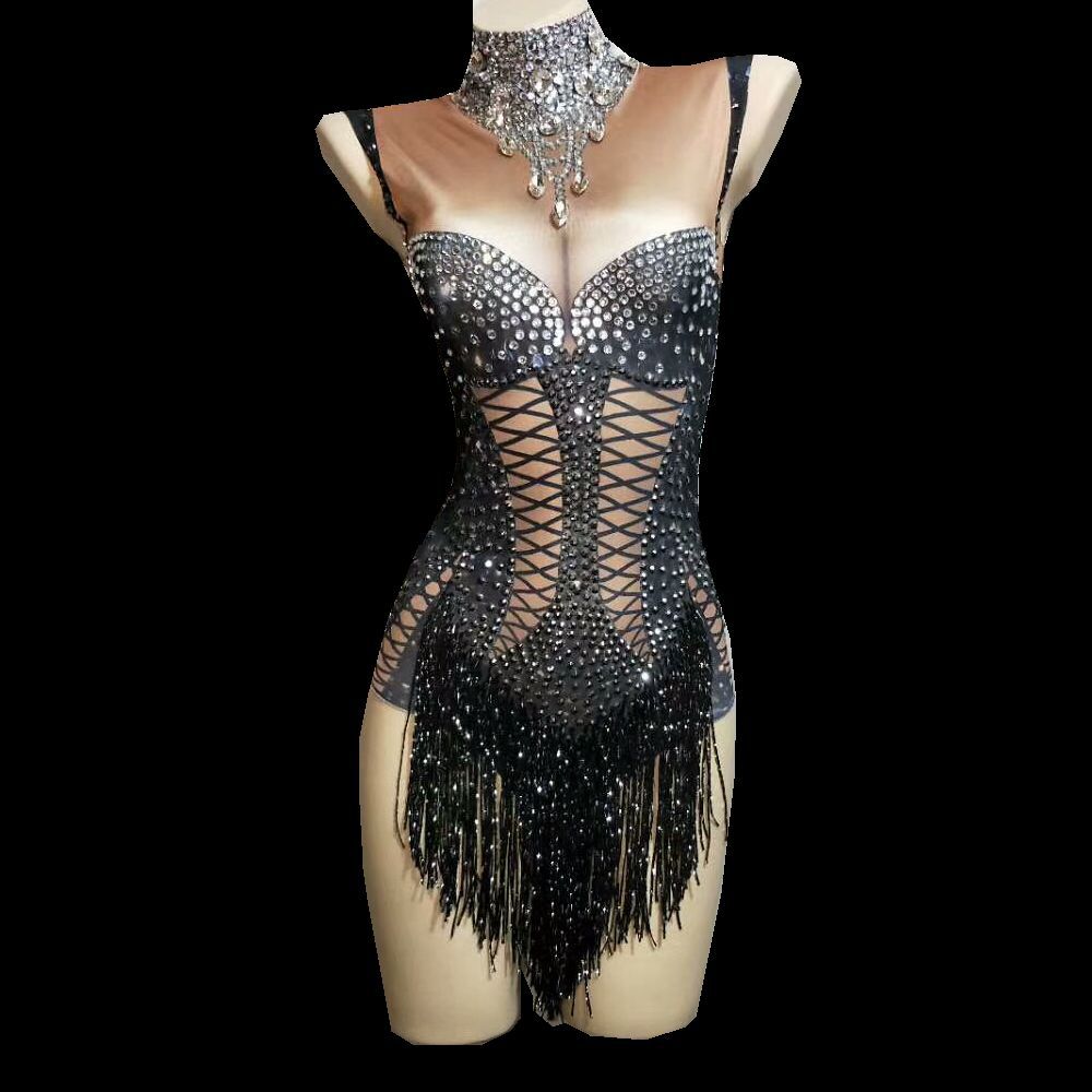 HCX--Dance sexy shiny rhinestone elastic black thread tassel jumpsuit performance costume